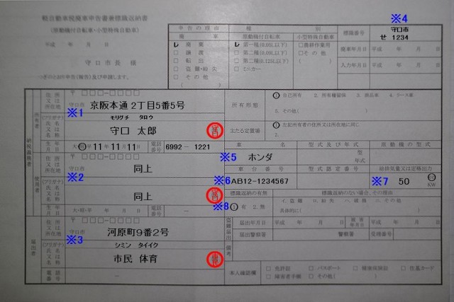 守口市役所 軽自動車税廃車申告書兼標識返納書の記入例