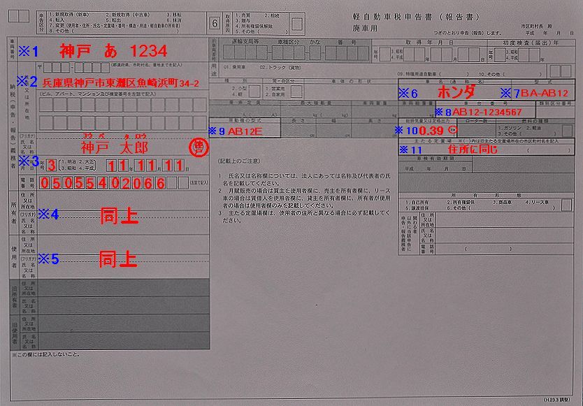 兵庫陸運部軽自動車税廃車用申告用紙の記入例の画像