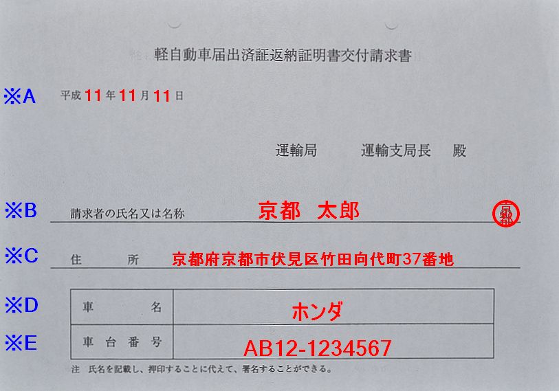 軽自動車届出済証返納証明書交付請求書の記入例の画像