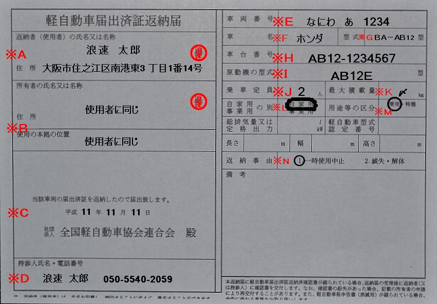 なにわ自動車検査登録事務所軽自動車届出済証返納届記入例の画像