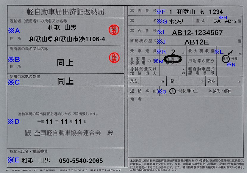 和歌山運輸支局軽自動車届出済証返納届の記入例