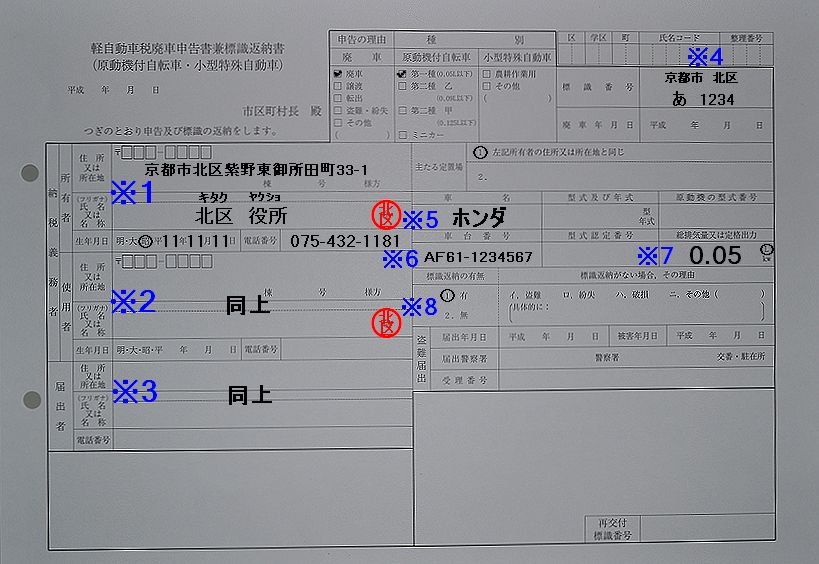 京都市北区軽自動車税廃車申告書兼標識返納書記入例