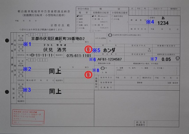 京都市伏見区役所廃申告書兼標識返納書記入例