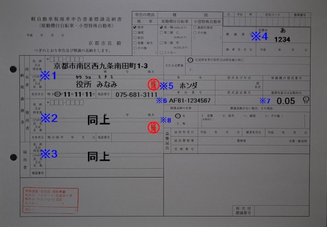 京都市南区役所廃申告書兼標識返納書記入例
