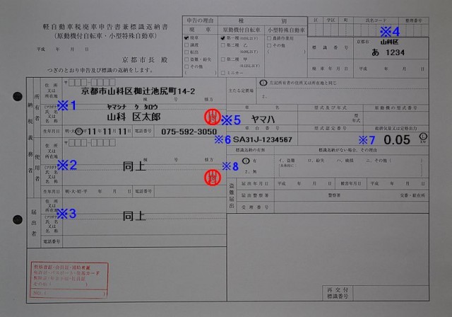 京都市山科区軽自動車税廃車申告書兼標識返納書記入例