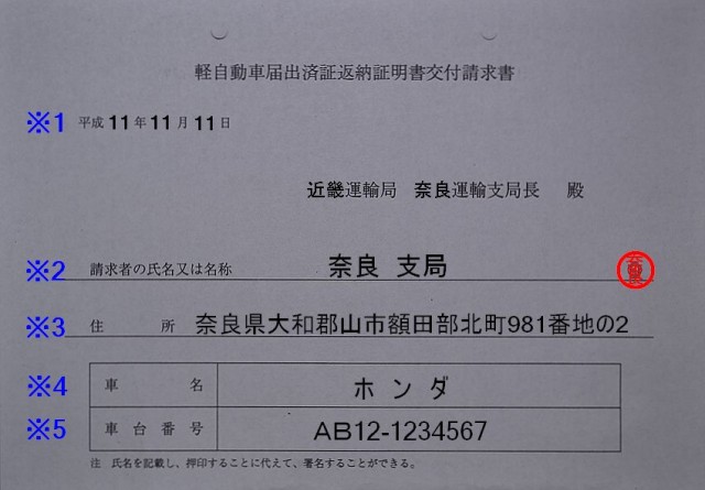 軽自動車届出済証返納証明書交付請求書の記入例