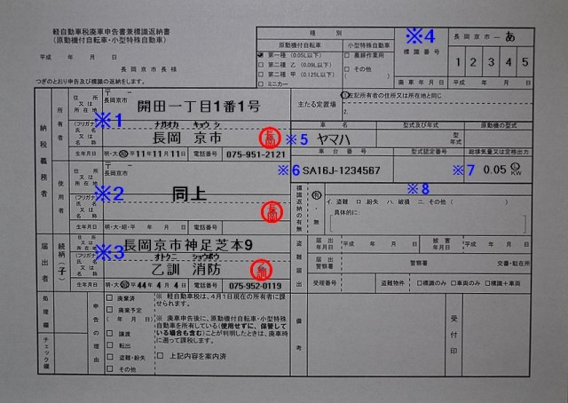 長岡京市役所軽自動車税廃申告書兼標識返納書記入例