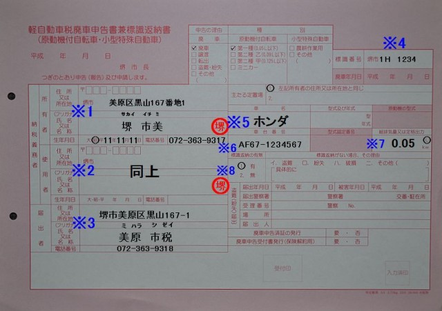 美原市税事務所　軽自動車税廃車申告書兼標識返納書の記入例