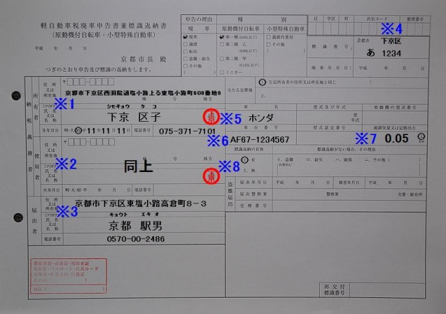 下京区役所軽自動車税廃車申告書兼標識返納書記入例