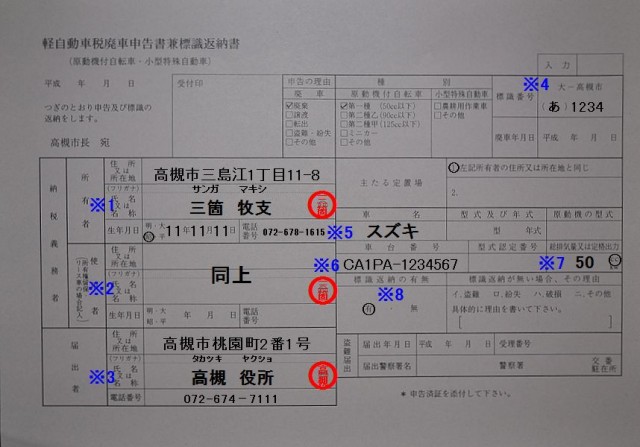 高槻市役所　三箇牧支所　軽自動車税廃車申告書兼標識返納書の記入例