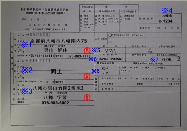 八幡市役所廃車申告書兼標識返納書記入例