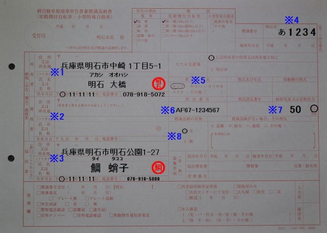 明石市役所　軽自動車税廃車申告書兼標識返納書記入例