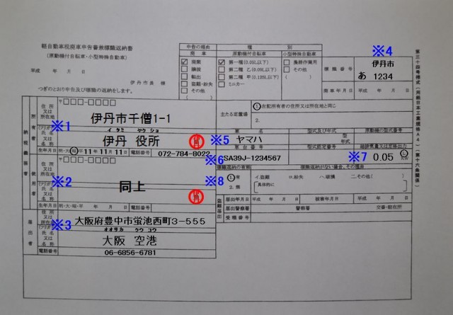 伊丹市役所　軽自動車税廃車申告書兼標識返納書の記入例