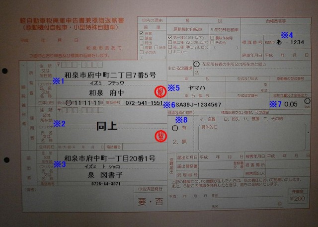 和泉市役所　軽自動車税廃車申告書兼標識返納書の記入例