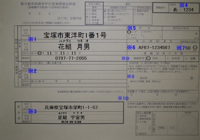 宝塚市役所　軽自動車廃車申告書兼標識返納書の記入例