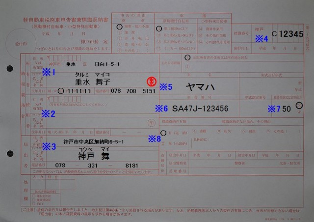 垂水市税事務所 軽自動車廃車申告書兼標識返納書 記入例