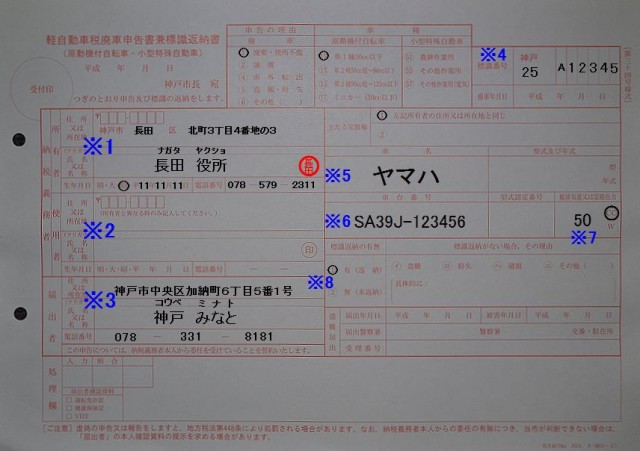 長田市税事務所 軽自動車税廃車申告書兼標識返納書 記入例