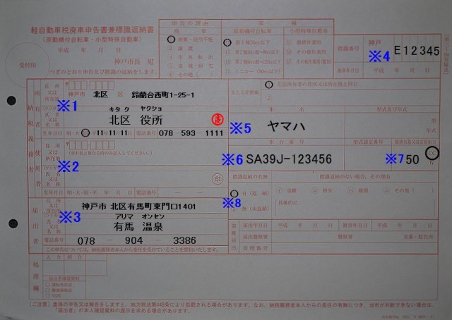 神戸市北市税事務所 軽自動車廃車申告書兼標識返納書 記入例