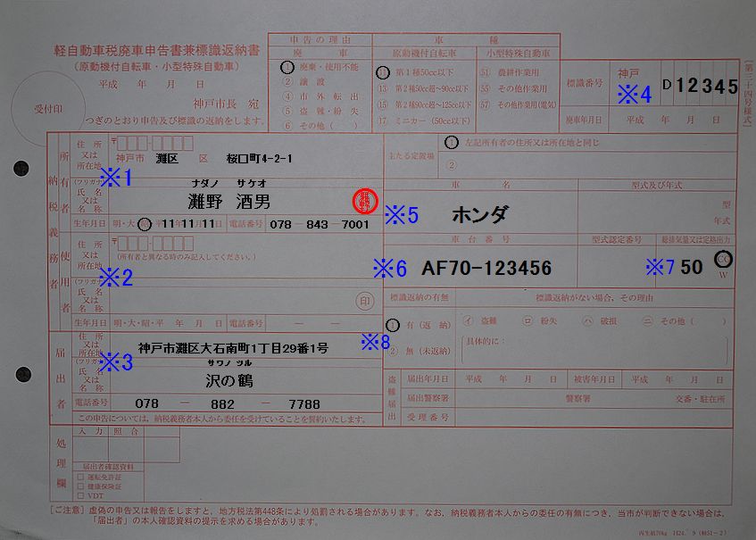神戸市灘市税事務所 軽自動車廃車申告書兼標識返納書 記入例