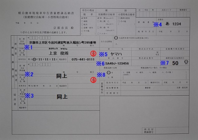 上京区役所 軽自動車税廃車申告書兼標識返納書の記入例