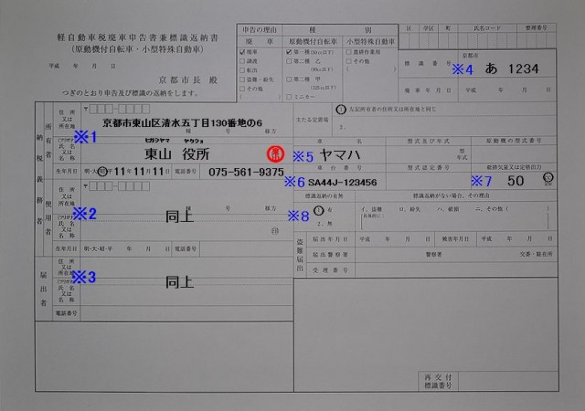東山区役所 軽自動車税廃車申告書兼標識返納書の記入例