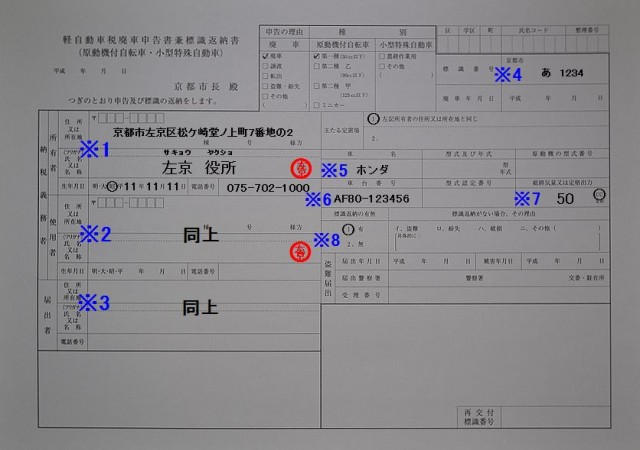 左京区役所 軽自動車税廃車申告書兼標識返納書の記入例