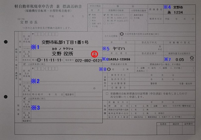 交野市役所　税務室　軽自動車税廃車申告書兼標識返納書　記入例