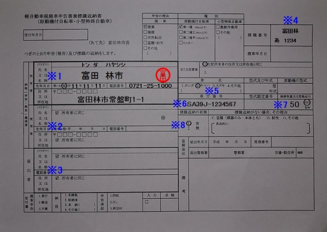 富田林市役所　課税課　軽自動車税廃車申告書兼標識返納書　記入例