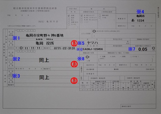 亀岡市役所　課税課　軽自動車税廃車申告書兼標識返納書　記入例